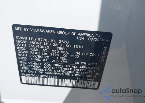 2024 Volkswagen Atlas Cross Sport 2.0T Se W/Technology z USA, uszkodzony, nr VIN 1V2KE2CA1RC263988